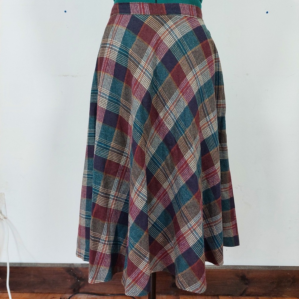 Vintage Prestige of Boston Plaid Circle Skirt Midi High Waist Burgundy Teal